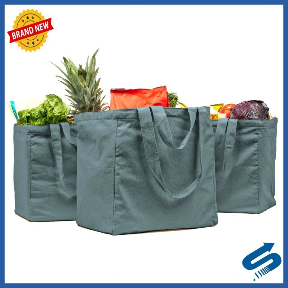 Heavy Duty Canvas Grocery Bag Set Foldable Washable with Pockets Dual Handles